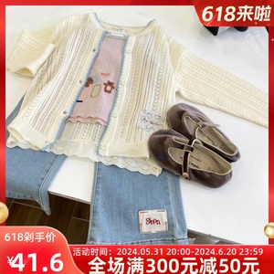 韩国童装2024春季新款女童薄款针织开衫宝宝洋气甜美镂空毛衣外套
