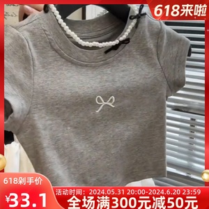 韩国童装儿童短袖t恤夏装2024夏季新洋气女童蝴蝶结圆领半袖上衣T