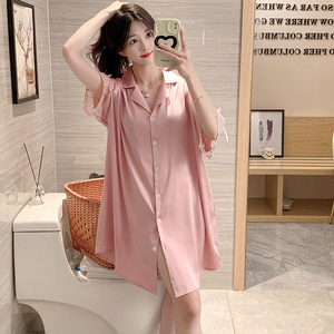 纯欲风冰丝睡裙女款夏季薄款粉色性感情趣衬衫裙2024新款夏天睡衣