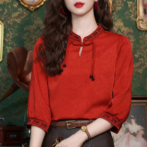 高级感缎面七分袖衬衫女士装春夏新款新中式红色小衫国风气质上衣