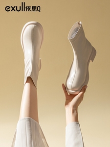 依思q米白色短靴女秋冬靴子女2022新款法式气质裸靴低跟切尔西靴