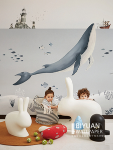 鲸鱼儿童房壁纸北欧风男孩卧室床头背景墙壁画全屋环保墙纸主题布