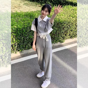 学院风少女运动服套装女夏季学生韩版时尚短袖长裤盐系休闲两件套