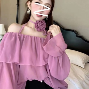韩版新款一字肩上衣女夏季超仙荷叶边法式小众衬衫花朵甜美雪纺衫