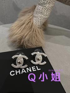 【Q小姐正品】CHANEL/香奈儿 银色满钻双C 书包扣耳钉大号