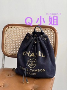 【Q小姐正品】CHANEL/香奈儿金色字母logo双肩包牛仔沙滩包书包