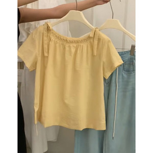 韩版甜美小清新绑带衬衫女2024夏季流行款蝴蝶结精致黄色短袖上衣