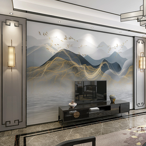 新中式超浮雕电视背景墙纸现代抽象水墨山水金色线条客厅沙发壁纸