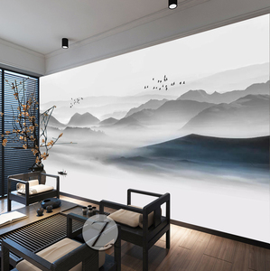 5d新中式抽象黑白水墨山水壁纸大气电视背景墙布客厅沙发墙纸壁布