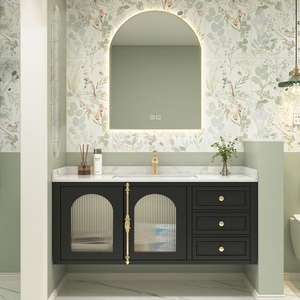欧式浴室柜组合陶瓷一体盆智能镜子卫生间洗漱台洗脸盆复古橡木柜