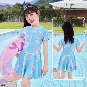 女童泳衣连体女平角蓝色海豚游泳衣微胖女孩遮肉六岁儿童游泳衣