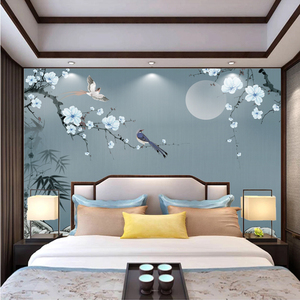 8D立体新中式花鸟墙布客厅沙发电视背景墙纸简约床头卧室装饰壁画