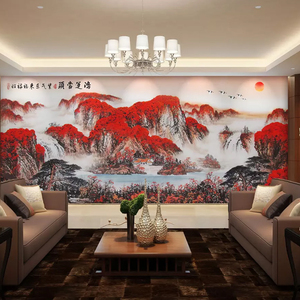新中式山水风景画墙布客厅沙发电视背景壁画鸿运当头水墨装修墙纸