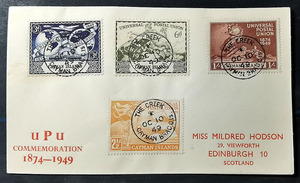 开曼群岛 1949年 万国邮联UPU75周年贴全套票首日实寄封 上品