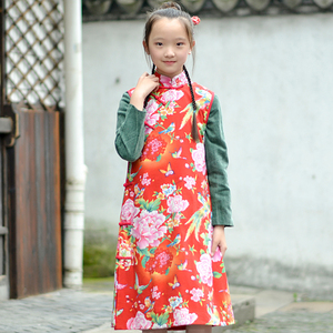 中国风中式新款春装亲子装女童连衣裙子老花布斜开襟长马夹花旗袍