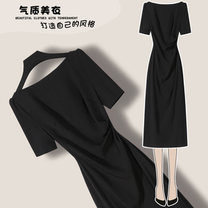 黑色连衣裙高级感赫本小黑裙子女设计感小众褶皱一步包臀裙女夏季