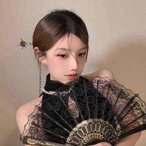 洛丽塔黑色蕾丝扇子夜上海搭配旗袍的折扇走秀专用道具穿旗袍配的
