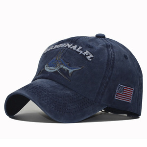 新款欧美布贴动漫鲨鱼刺绣水洗牛仔棒球帽户外运动遮阳鸭舌水洗帽