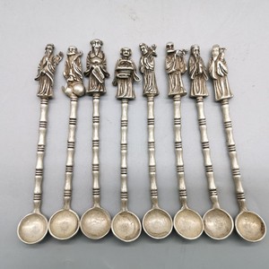 古董收藏古玩银器铜器藏苗银白铜镀银人物药勺一套小勺子银勺铜勺