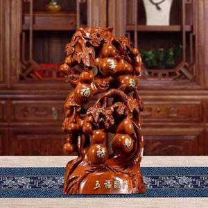 黄花梨木雕摆件五福临门根雕葫芦实木质雕刻家居装饰品红木工艺品