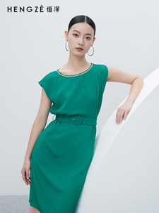恒泽2023年夏季新款绿色连衣裙女高腰显瘦气质不规则裙子LA1BZ400