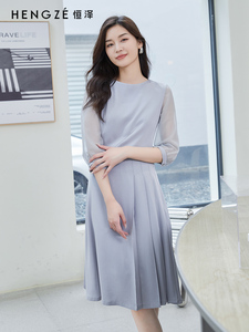 恒泽2023年春季新款灰色连衣裙女高腰显瘦气质七分袖裙子LQ2AZ351