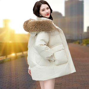 白鸭绒羽绒服女短款2023新款冬季爆款加厚小个子中长款大毛领外套