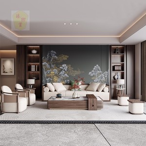 新中式沙发实木客厅现代轻奢布艺办公高端组合全套样板房家具定制