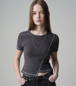 韩国单设计师品牌 辣妹风修身长袖拼接剪裁T恤