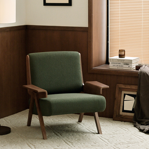 中古风单人沙发椅美式复古文艺羊羔绒设计师客厅阳台卧室实木椅子