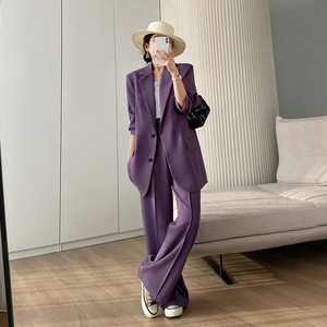 懂点紫色西装外套女2024春新款韩版修身显瘦垂感阔腿裤套装两件套