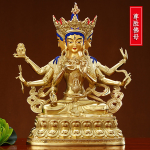 尊胜佛母佛像摆件藏传密宗纯铜鎏金尊圣佛母三头像长寿三尊尼泊尔