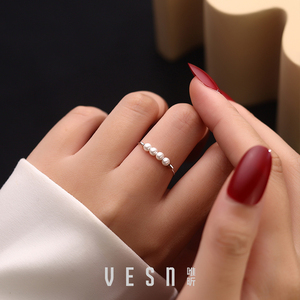 S925纯银贝珠圆珠戒指女温柔设计开口可调节轻奢时尚个性食指指环