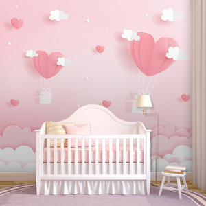 儿童房墙纸女孩卧室北欧简约气球粉色卡通墙布无纺布定制壁画壁纸