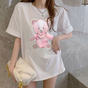欧货重工钉珠带钻小熊短袖t恤女2021夏季新款韩版宽松半袖上衣潮