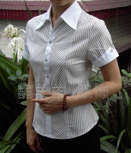 促销价韩版新款 V领修身气质时尚细条纹短袖女衬衫  有小小码