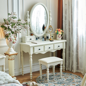 法式白色奶油风全实木梳妆台美式带圆镜子化妆台主卧室化妆桌子
