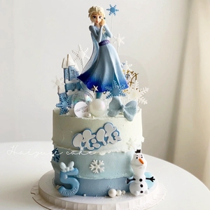 新品冰雪公主蛋糕装饰摆件拿蜥蜴雪宝城堡雪花魔法棒艾莎烘焙插件