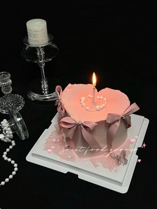 520情人节芭蕾风藕粉色丝带带钻石蝴蝶结心形蛋糕装饰插件ins插牌