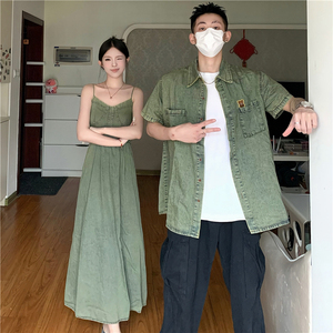 小众设计感情侣装夏季韩版短袖衬衫男女牛仔连衣裙法式一裙一衣潮
