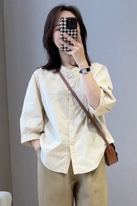 韩版简约通勤中袖衬衫女2024春季新款宽松显瘦衬衣圆领七分袖上衣