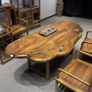 胡桃木实木大板茶桌原木整块茶台桌椅组合新中式随形桌异形泡茶桌