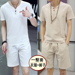 夏季亚麻套装男装短袖T恤中国风棉麻套装男上衣半袖短裤两件装