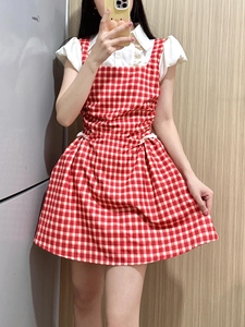 现货！红格物语 假两件格子连衣裙2024新款背带裙显瘦甜美衬衫裙