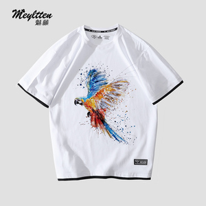 动物鹦鹉绘画鸟创意图案假两件短袖男女2022夏季新款纯棉百搭T恤