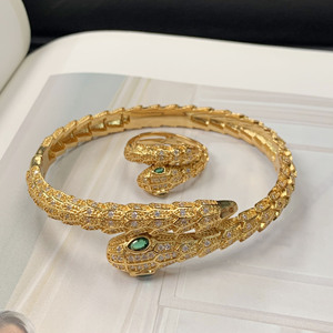 欧美新款蛇形手镯铜镀金满钻蛇头手环奢华个性ins蛇戒指情侣手饰