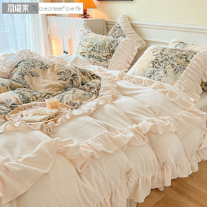 法式复古冬季加厚珊瑚绒床上四件套公主风牛奶绒被套床裙式床单款