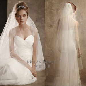 新款素纱简约韩式双层软纱新娘婚纱无边带插梳结婚遮面旅拍头纱