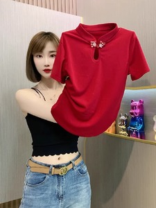 新中式立领短袖T恤女2024夏季新款国风盘扣镂空体恤红色正肩上衣