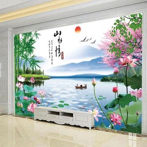 8d中式客厅电视背景墙壁纸荷花竹子风景山水画3D立体沙发禅室墙纸